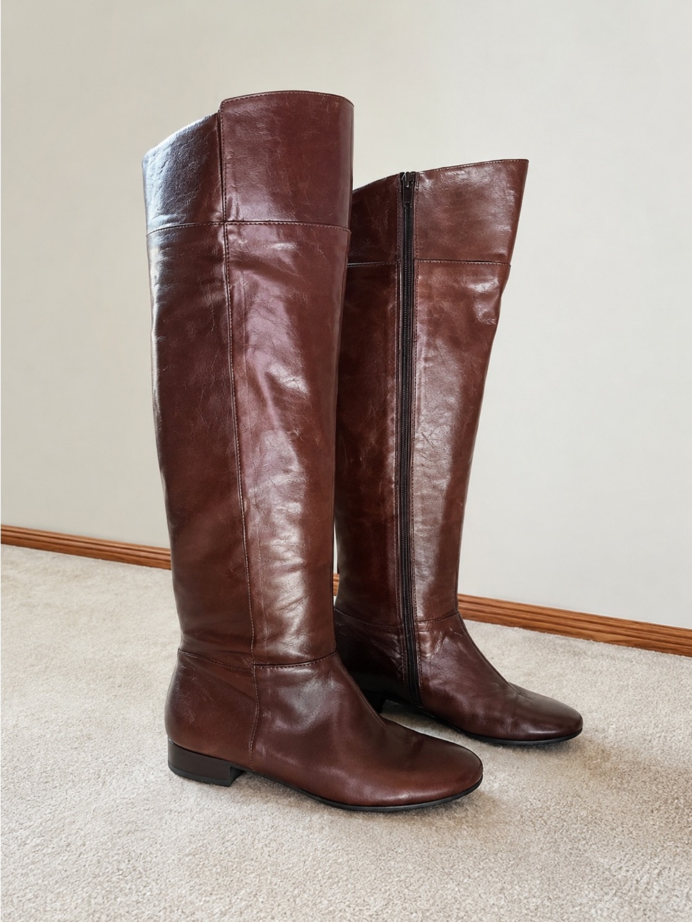 Nine West Patty Cake Brown Leather Knee High Riding Boots Side Zip Low Heel 7.5